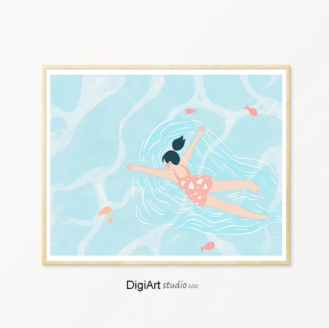 Pastel Girl Floating In Swimming Pool Summer Illustration Poster