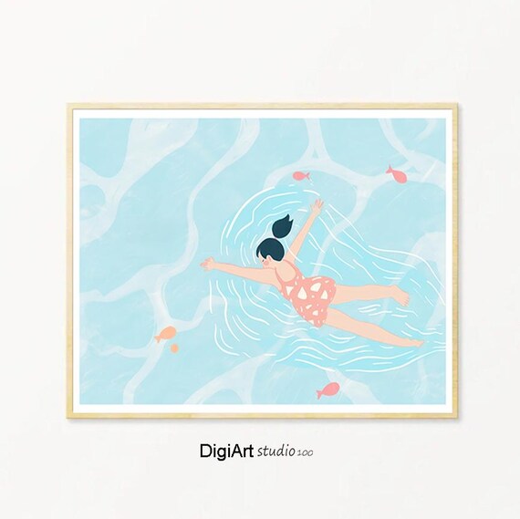Pastel Girl Floating In Swimming Pool Summer Illustration Poster