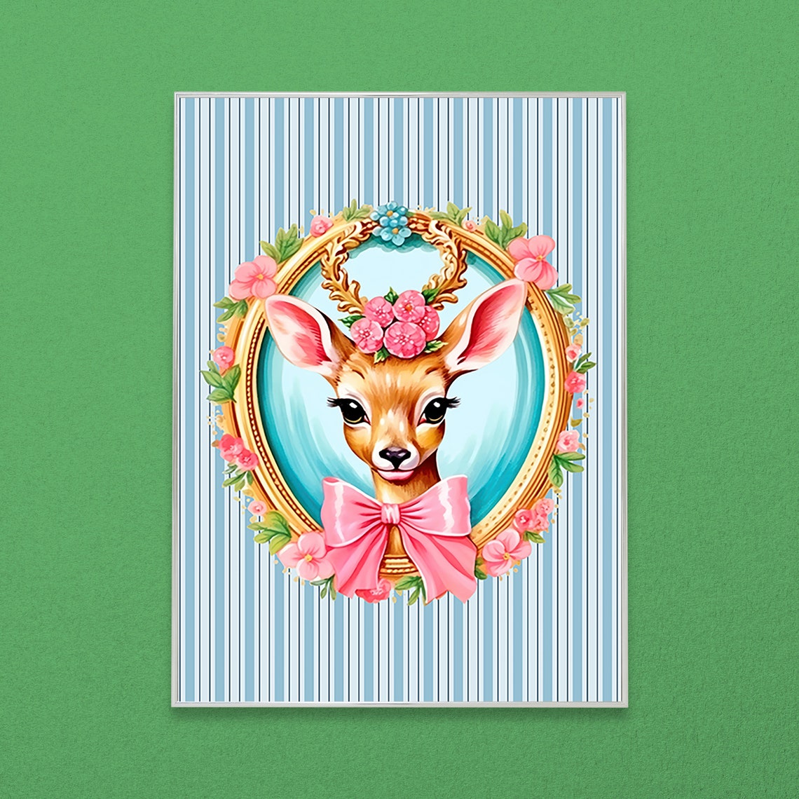 Cute Deer Portrait in Gold Floral Oval Frame with Pink Bow Print