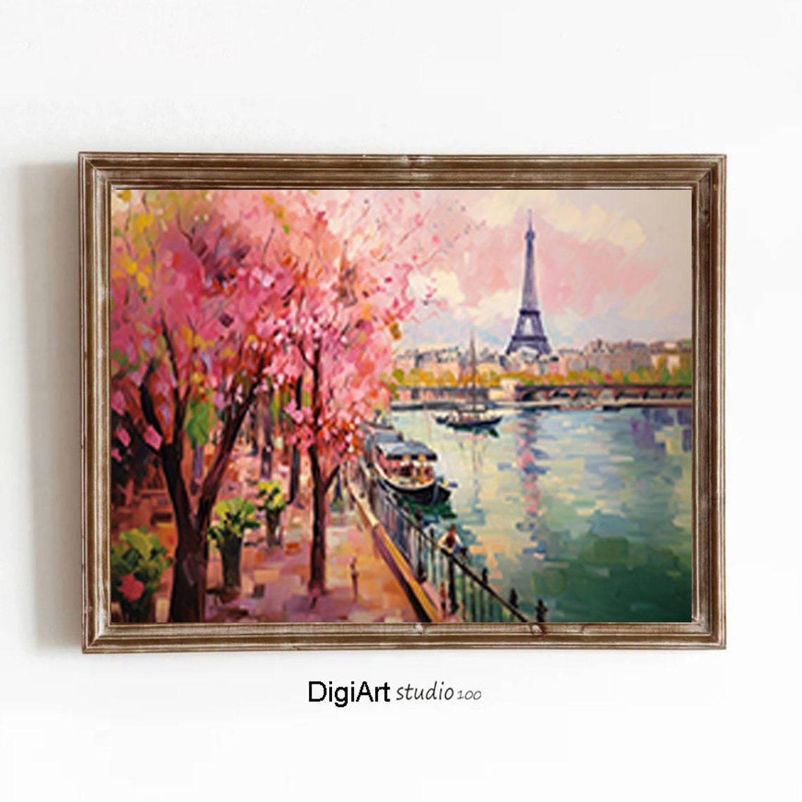 Paris Eiffel Tower Pink Blossom Trees Seine River Art Poster