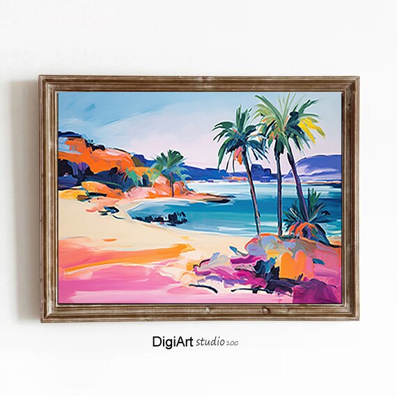 Colorful Sunset Beach Palm Trees Orange Cliffs Art Decor Poster