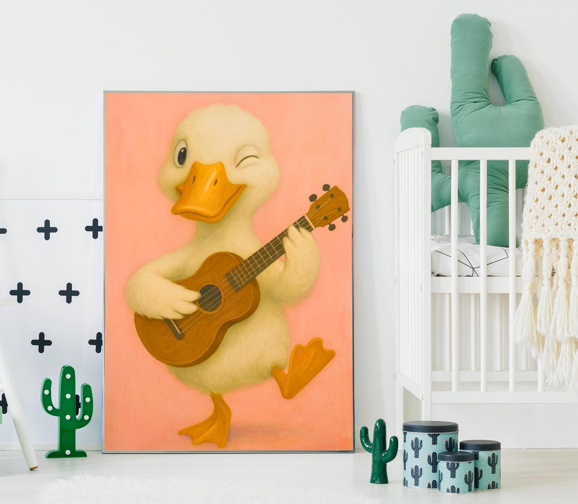 Winking Duck Playing Guitar Nursery Poster Cute Pink Kids Art