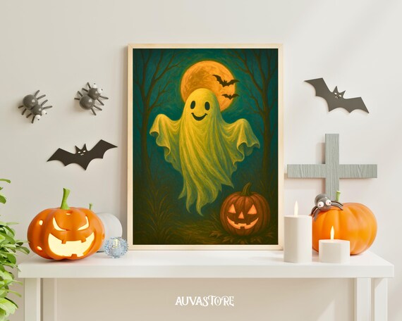 Spooky Halloween Art Print Witch Hat Black Cat
