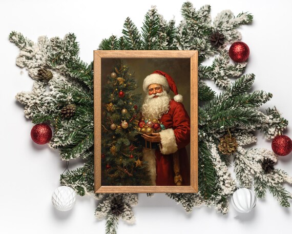 Vintage Santa Claus Beside a Decorated Christmas Tree Art Poster
