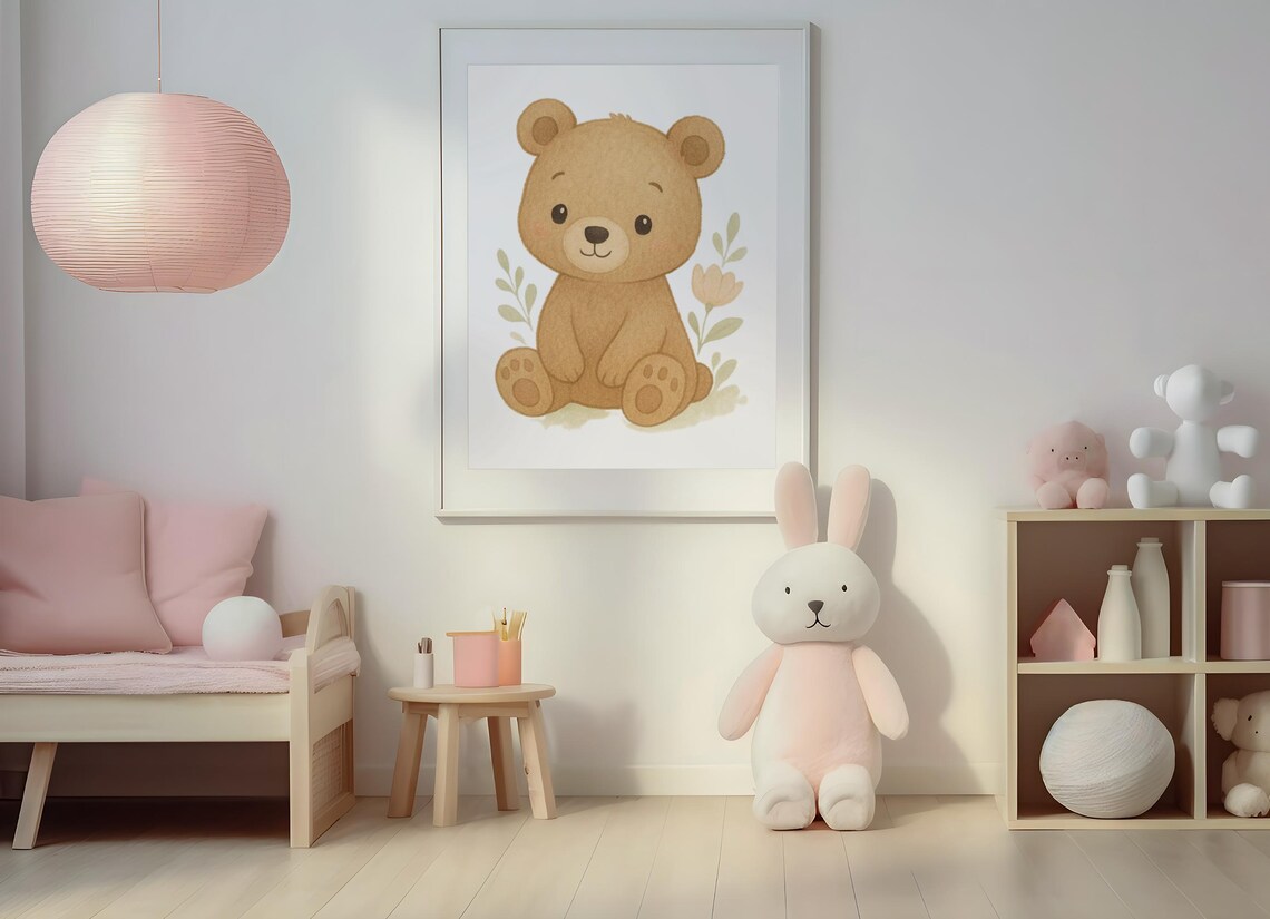 Cute Teddy Bear With Flowers Pastel Nursery Baby Room Wall Poster
