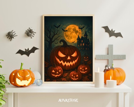 Spooky Halloween Print Haunted House Pumpkin Patch Full Moon