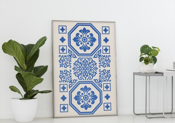 Portuguese Azulejo Blue White Tile Mediterranean Pattern Art Print