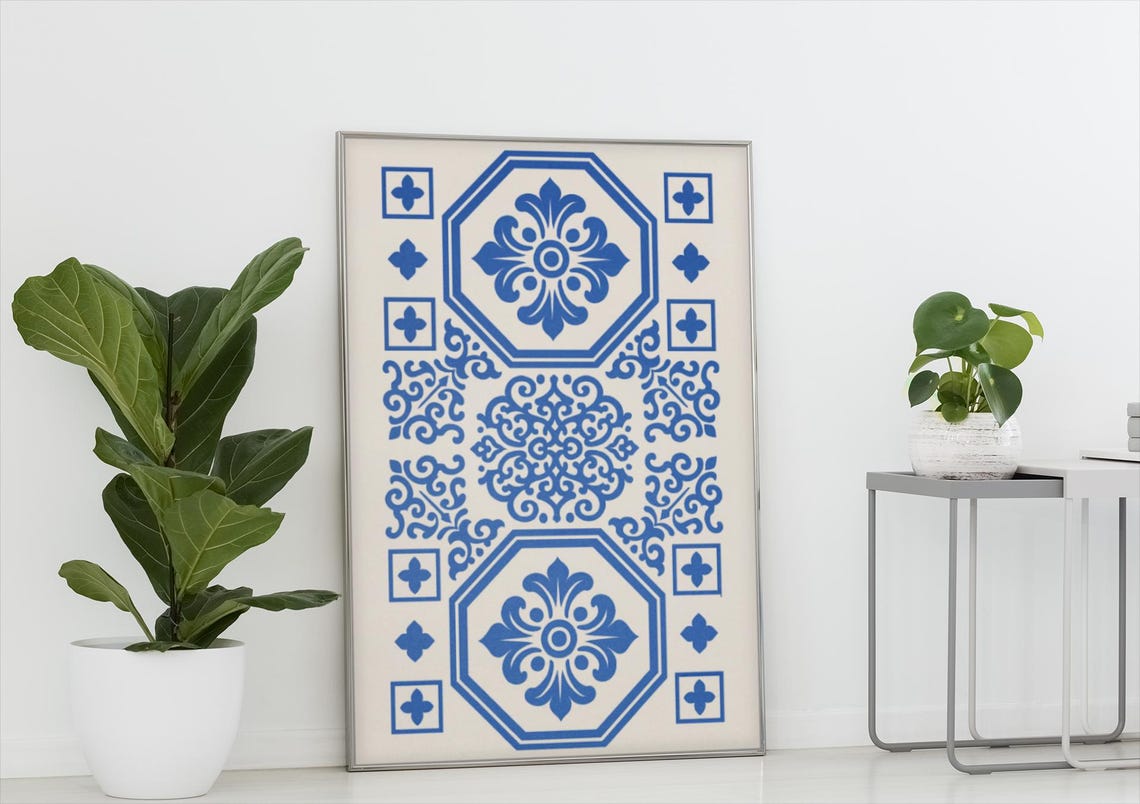Portuguese Azulejo Blue White Tile Mediterranean Pattern Art Print