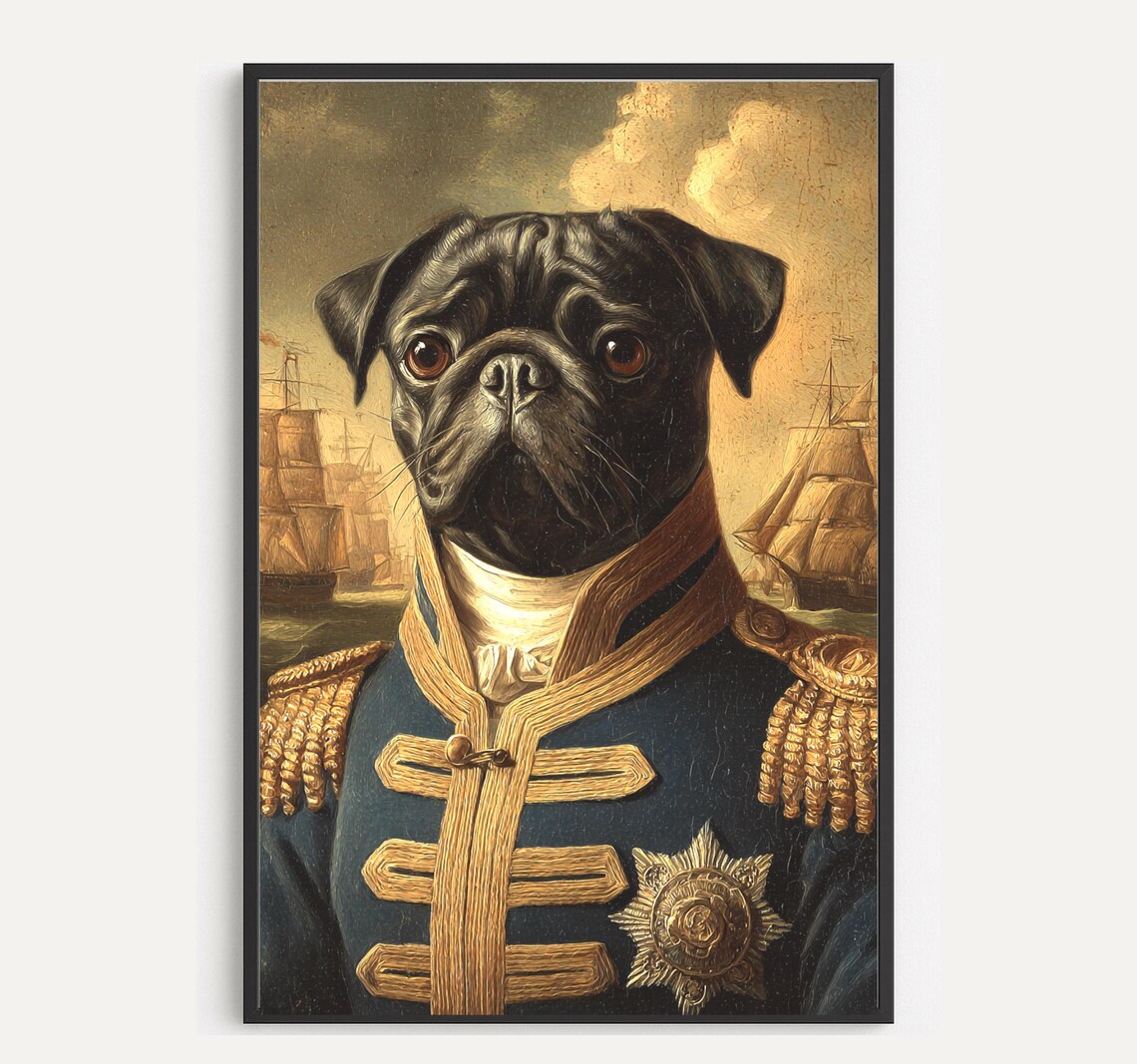 Pug Admiral Renaissance Dog Portrait Navy Uniform Funny Royal Wall Poster