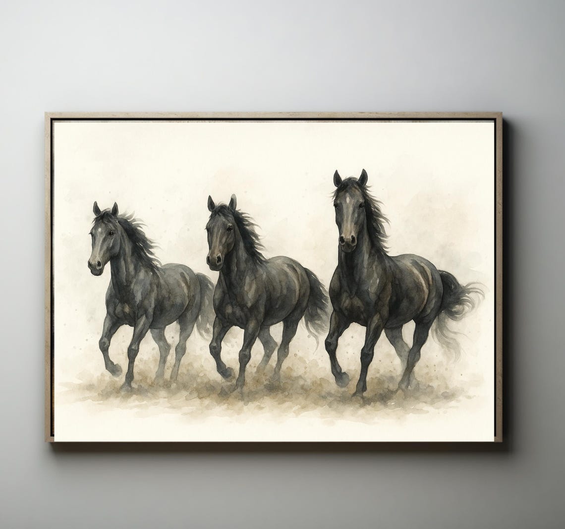 Three Black Horses Galloping Watercolor Equestrian Art Poster