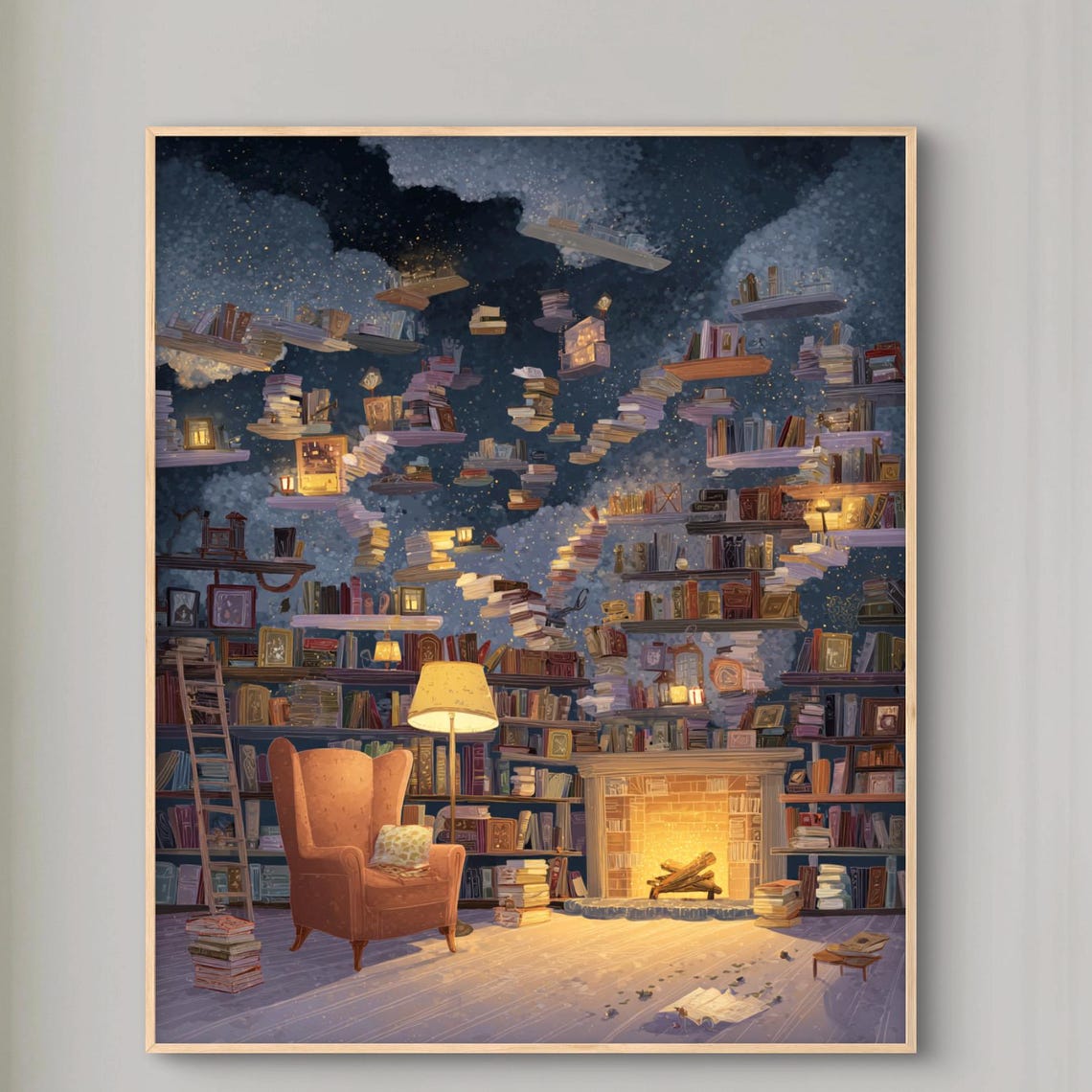 Whimsical Floating Library Fireplace Fantasy Book Lover Poster