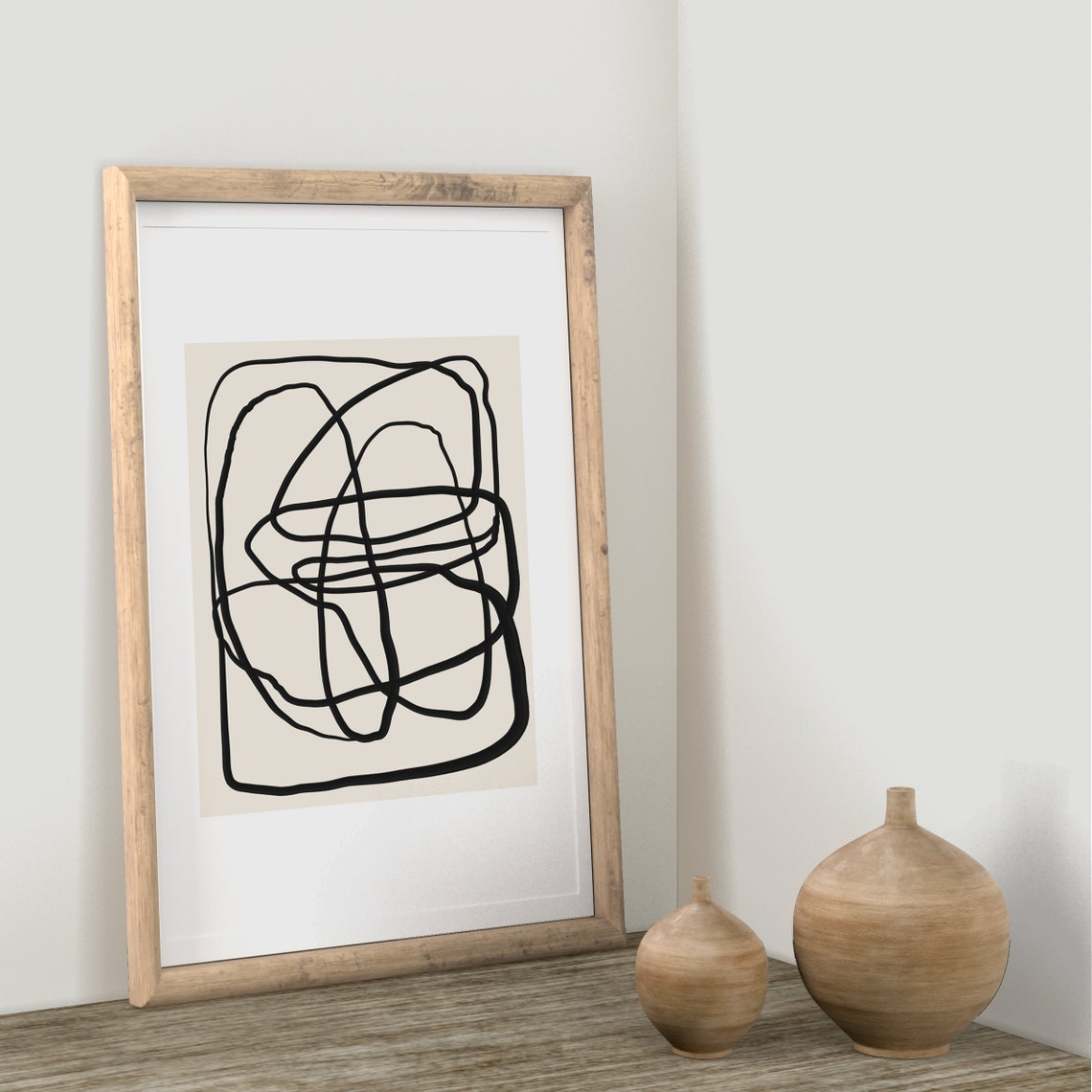 Black Continuous Line Squiggle Minimalist Beige Abstract Poster - Image 2