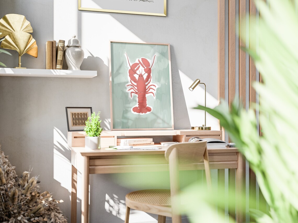 Red Lobster Cute Seafood Illustration Sage Green Beach Poster - Image 2
