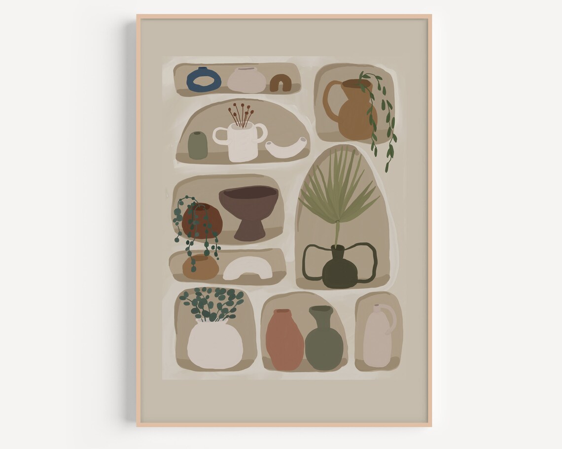 Terracotta Vases and Plants Earth Tone Shelf Still Life Poster