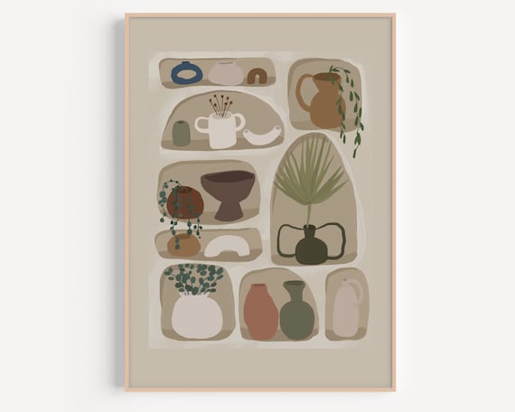 Abstract Pottery Wall Print Art Minimalist Plant Art Tropical Art Palm Leaf Vase Art Print Clay Pottery Poster Boho