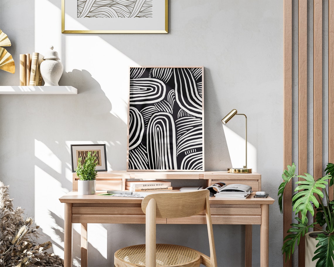 Bold Black And White Curved Lines Optical Abstract Art Poster - Image 2