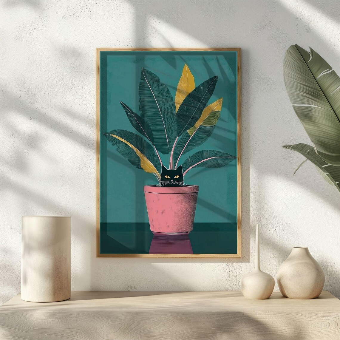 Black Cat Hiding In Plant Pot, Modern Illustration - Image 3