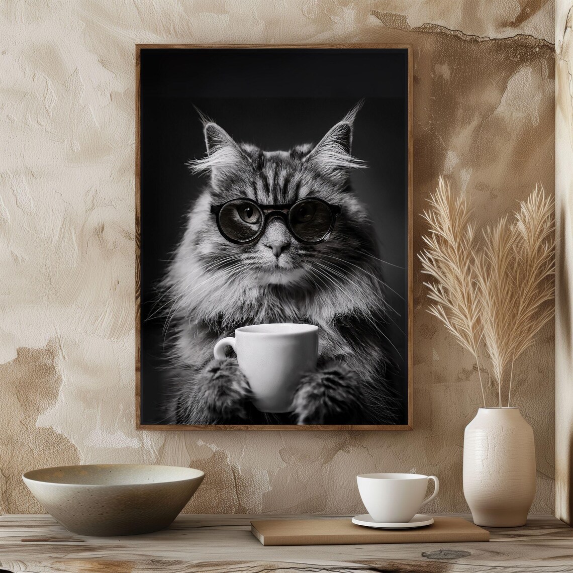 Cat Drinking Coffee, Vintage Kitchen Decor Print