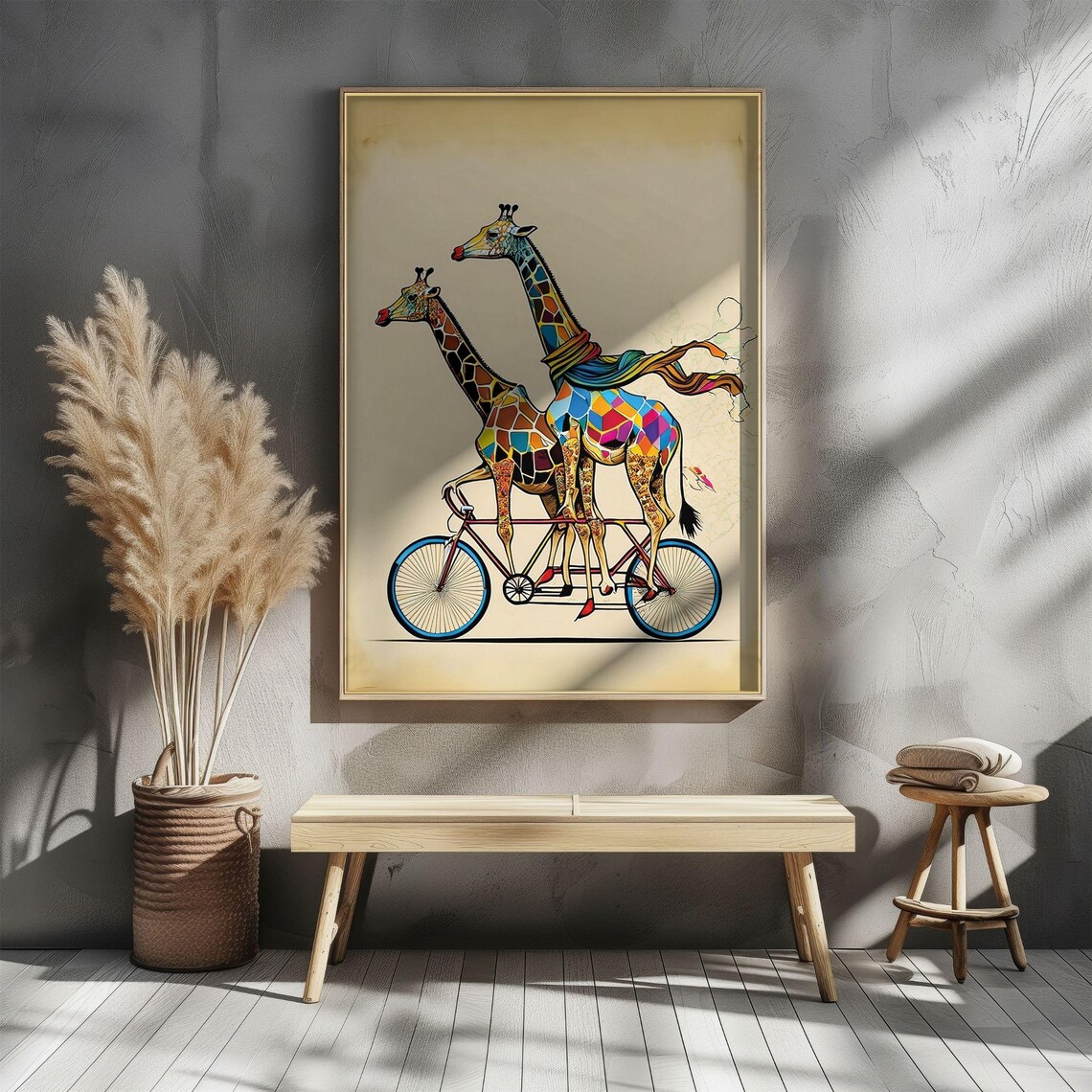 Colorful Giraffes On Bicycle, Boho Animal Art Print - Image 3