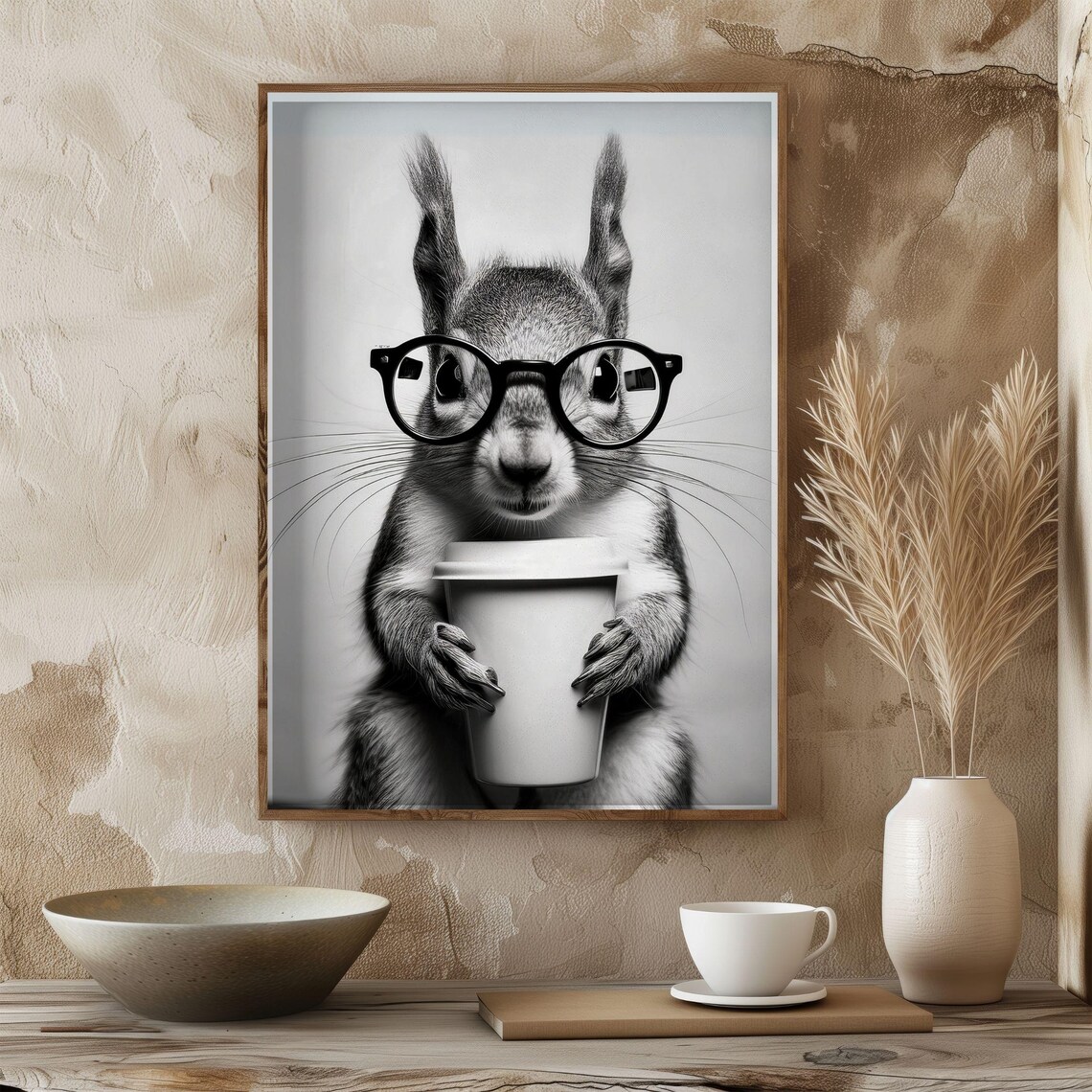 Squirrel Cute Animal Drinking Coffee, Vintage Poster