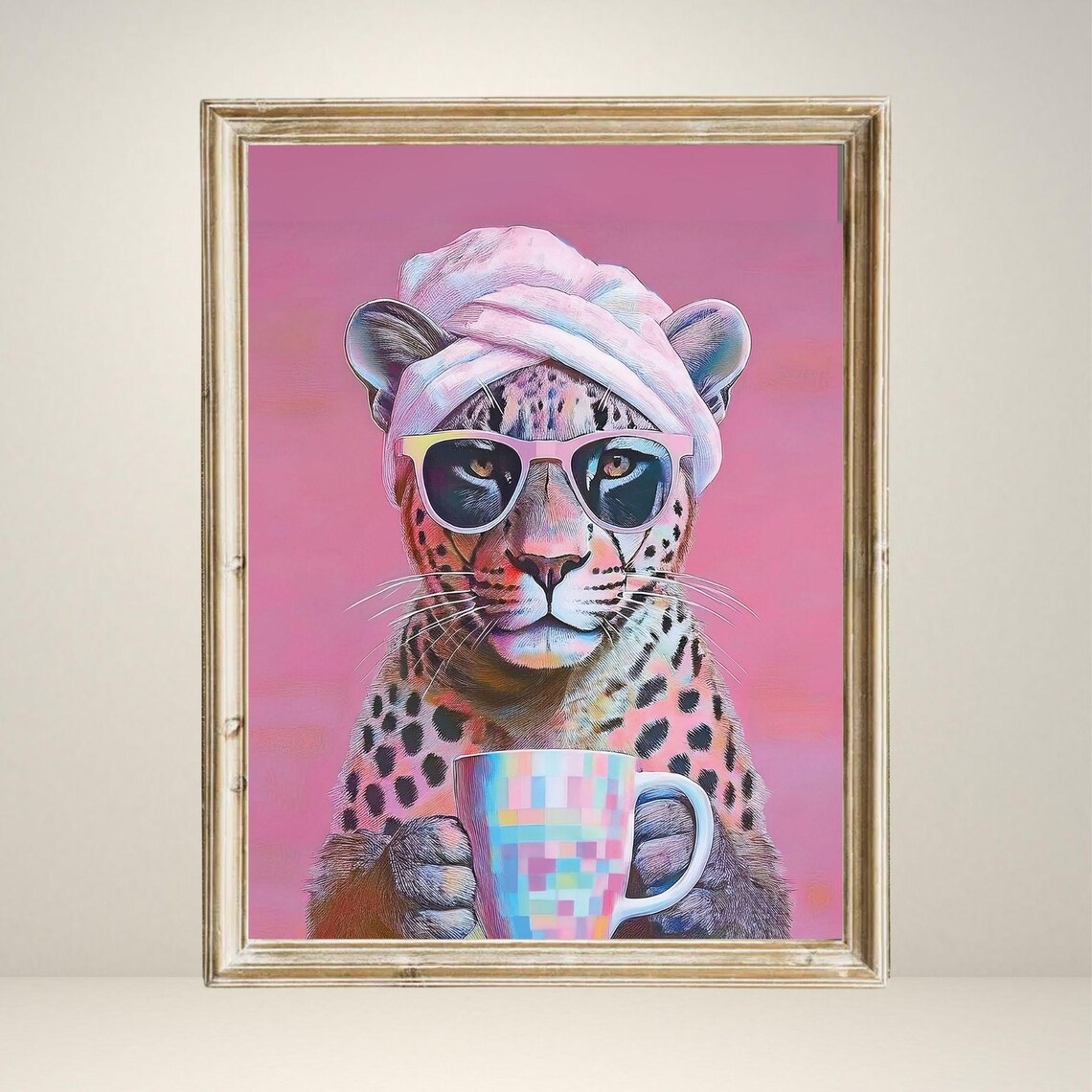 Leopard Drinking Coffee, Maximalist Oil Painting - Image 5