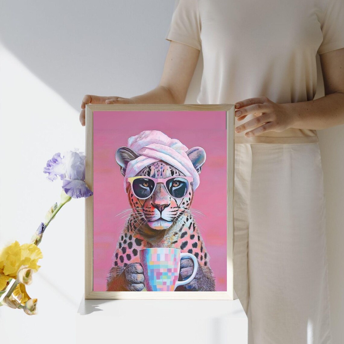 Leopard Drinking Coffee, Maximalist Oil Painting - Image 3