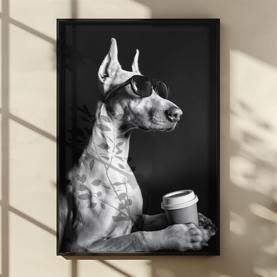 Doberman Dog Drinking Coffee, Funny Kitchen Wall Art