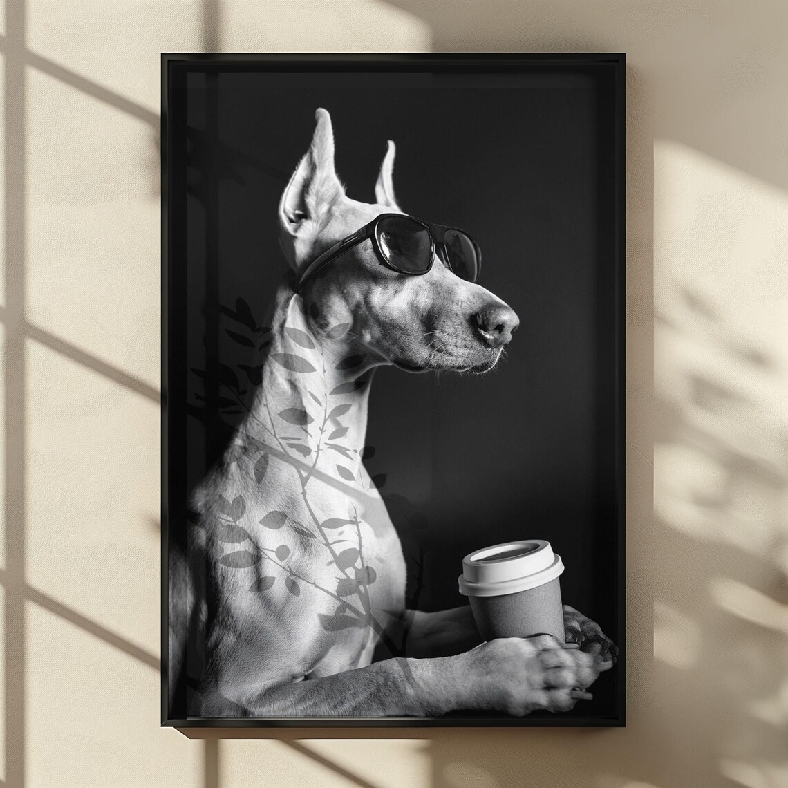 Doberman Dog Drinking Coffee, Funny Kitchen Wall Art