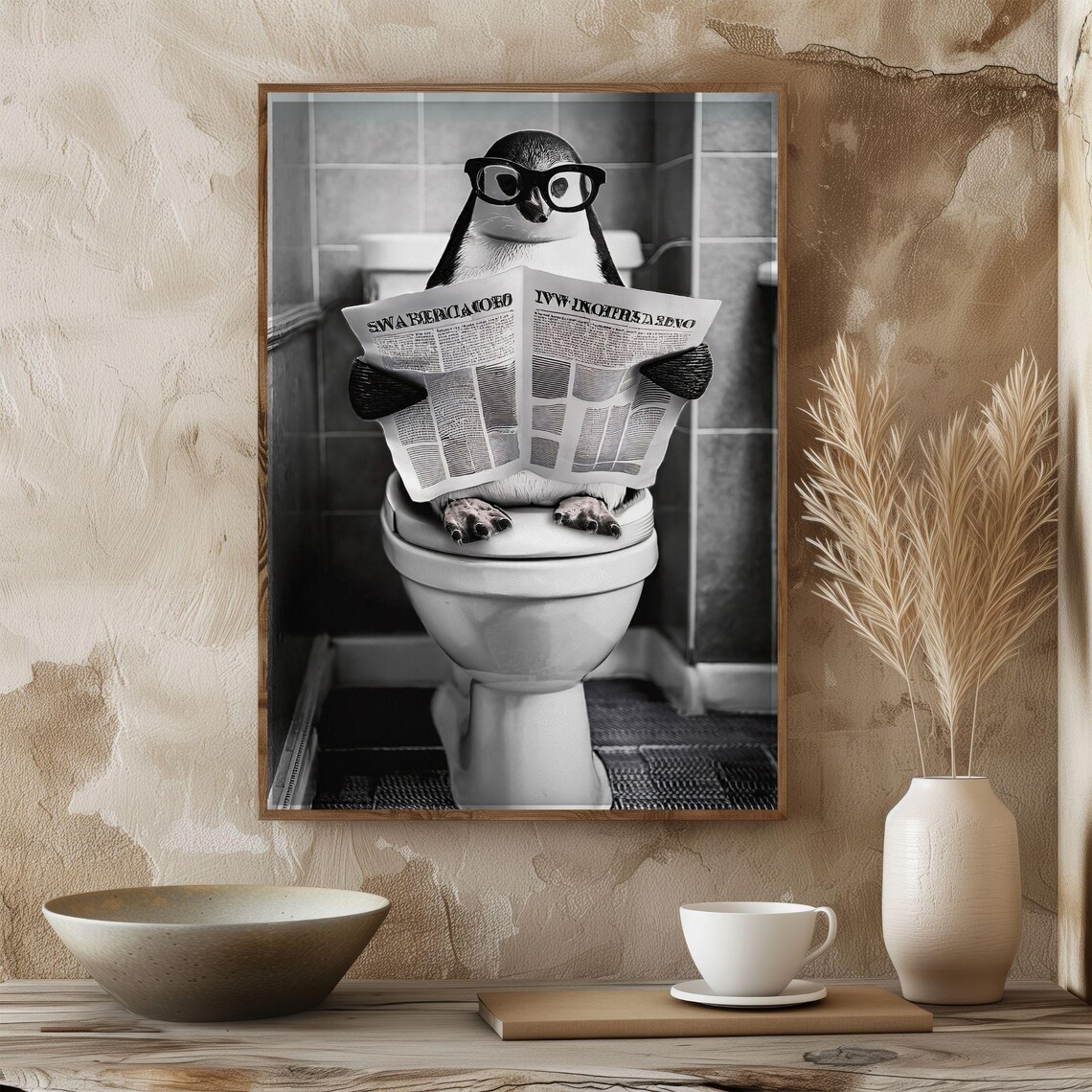 Penguin Sitting On Toilet, Vintage Bathroom Art Print