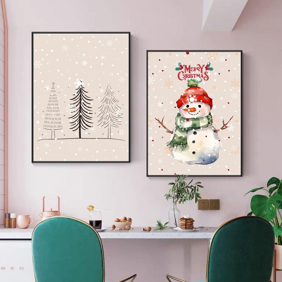 Merry Christmas Snowman Snowy Tree Two Piece Holiday Wall Art Set - Image 3