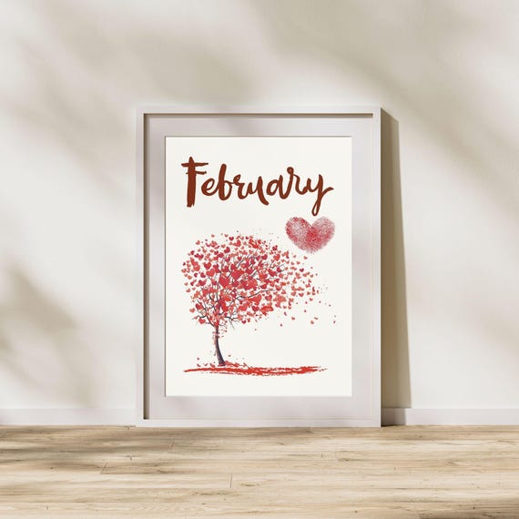 February Wall Art Heart Tree Fingerprint Heart Print February Wall Decor Minimalist February Art