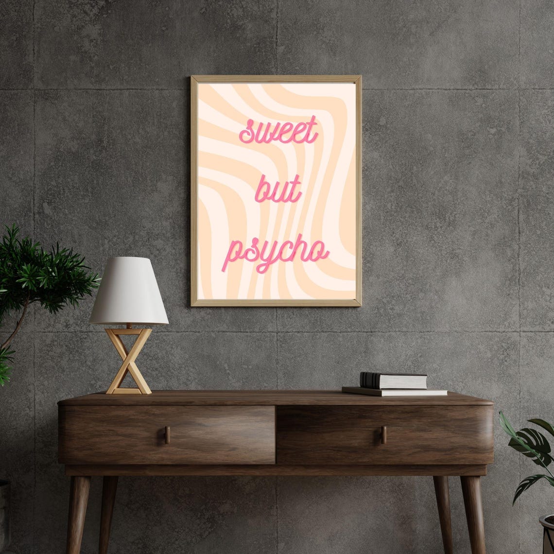Sweet But Psycho Pink Retro Script Wavy Stripes Quote Wall Poster - Image 4