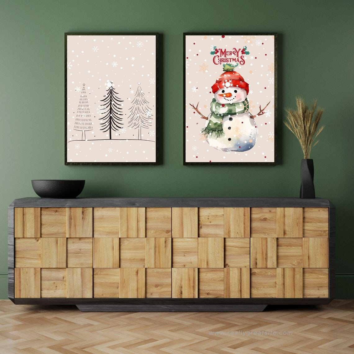 Merry Christmas Snowman Snowy Tree Two Piece Holiday Wall Art Set - Image 5