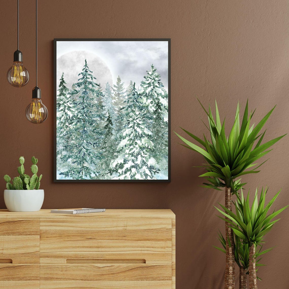 Snowy Pine Forest Moonlight Watercolor Winter Landscape Wall Poster - Image 3