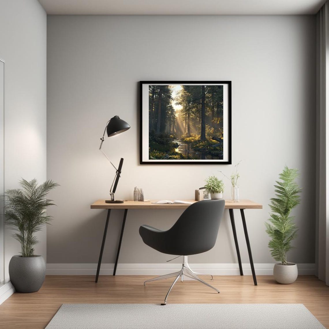 Sunlit Pine Forest Stream with Golden Morning Light Rays Poster - Image 3