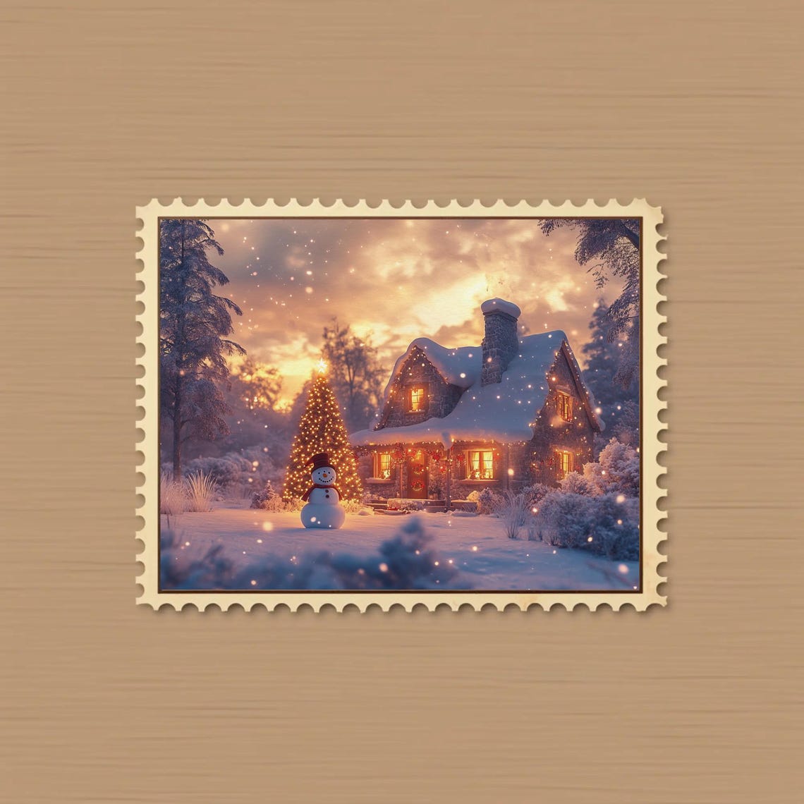 Snowy Christmas Cabin Snowman Lit Tree Winter Evening Poster - Image 2