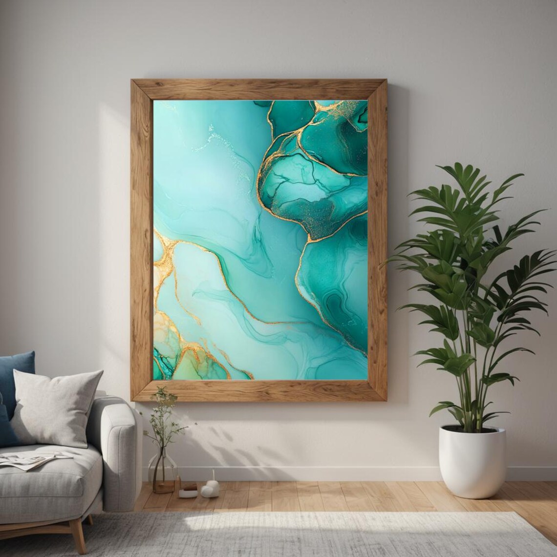 Teal Alcohol Ink Abstract Painting Gold Veins Marble Swirls Poster - Image 2