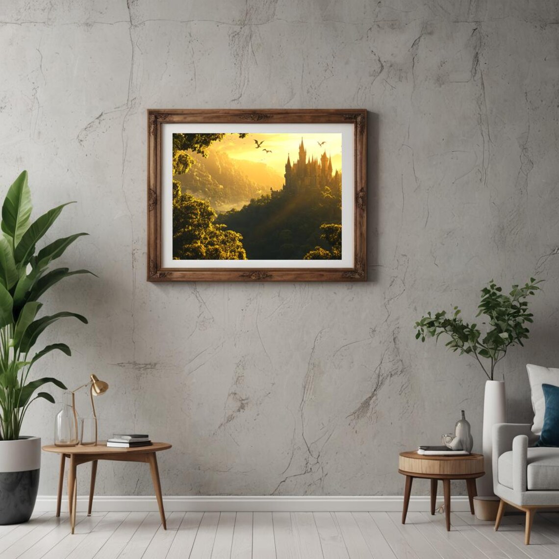 Epic Fantasy Castle in Golden Forest Sunset with Dragons Poster - Image 2