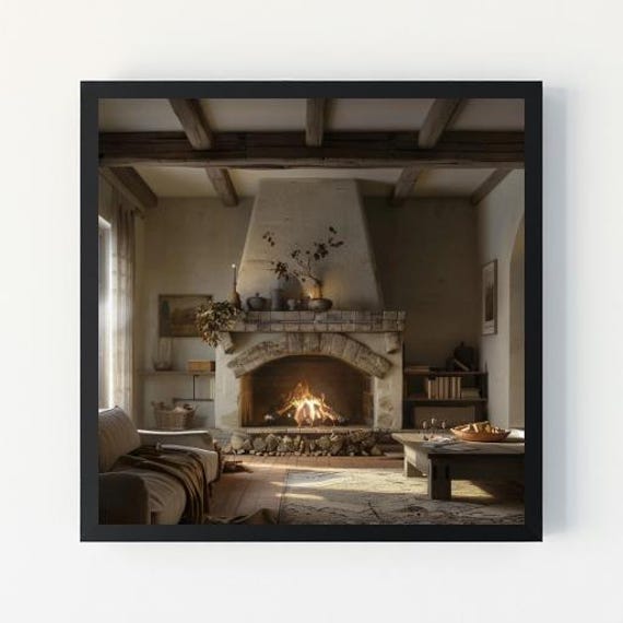 Cozy Rustic Fireplace Art Warm Cottage Living Room Wall Print For Tranquil Home Decor For Cabin Cottage Or Farmhouse