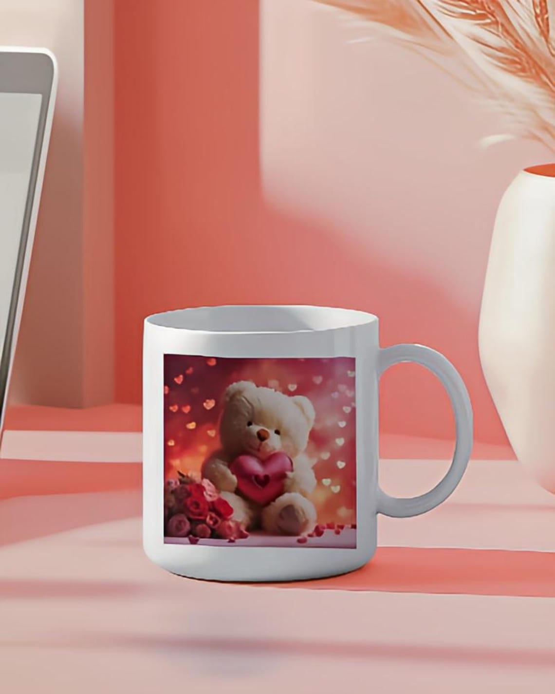 Adorable Teddy Bear Holding Pink Heart with Roses Valentine Poster - Image 4