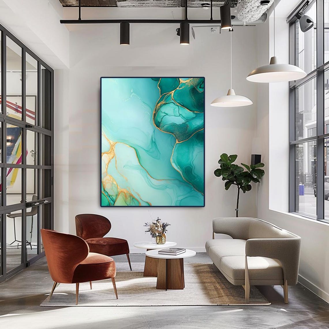 Teal Alcohol Ink Abstract Painting Gold Veins Marble Swirls Poster - Image 3