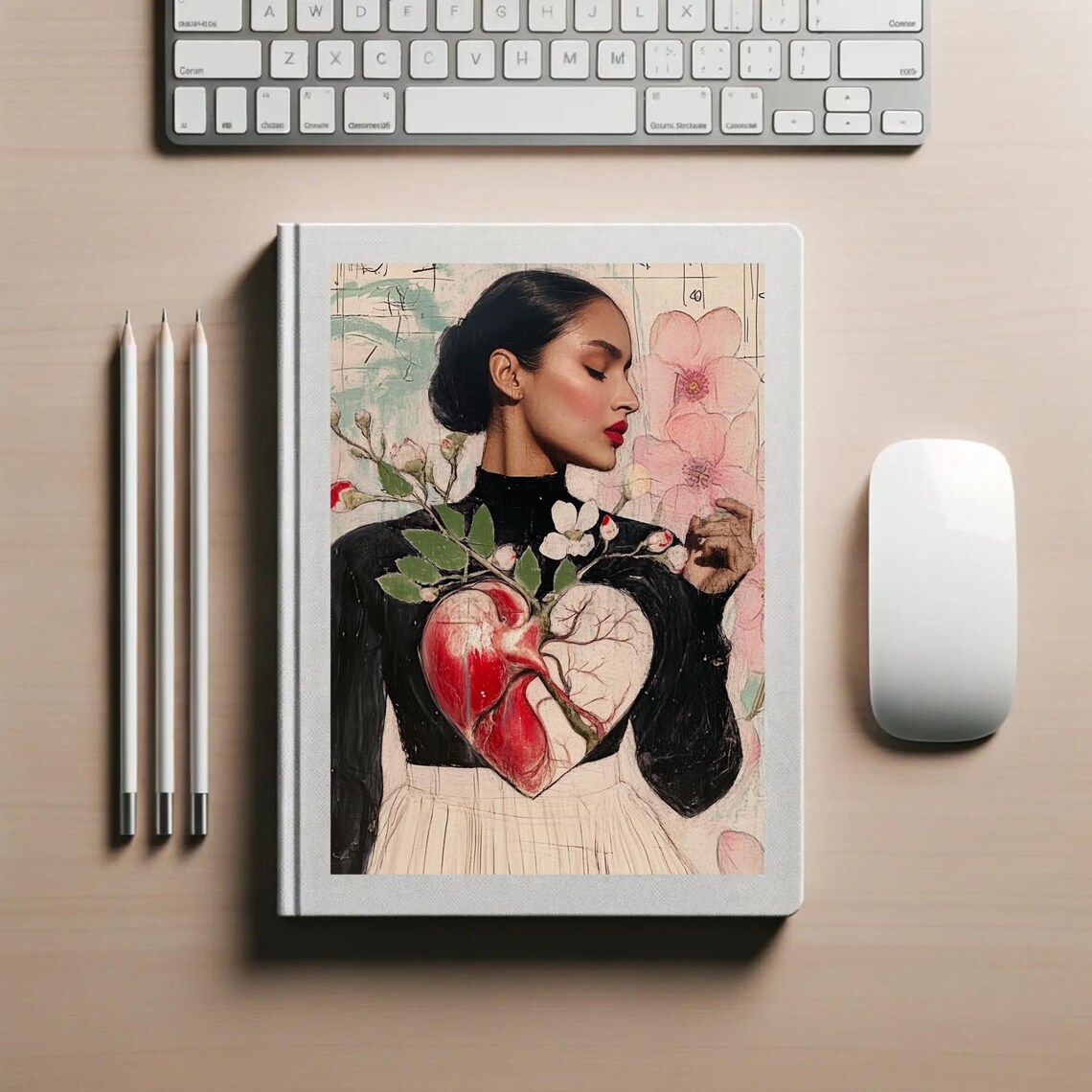 Elegant Woman Profile with Anatomical Heart Cherry Blossom Poster - Image 3