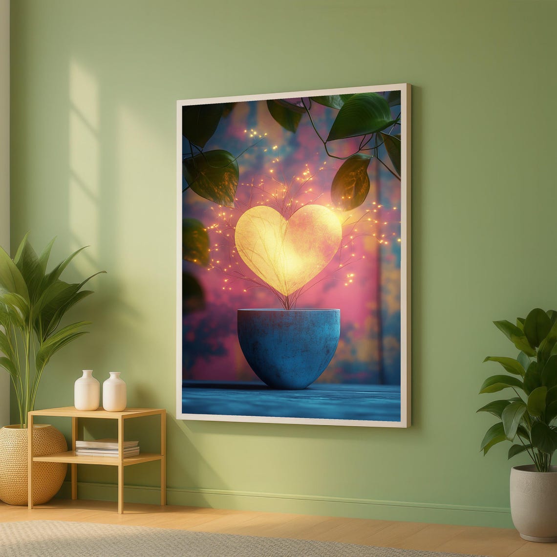 Glowing Heart Light In Blue Pot Romantic Neon Botanical Wall Poster
