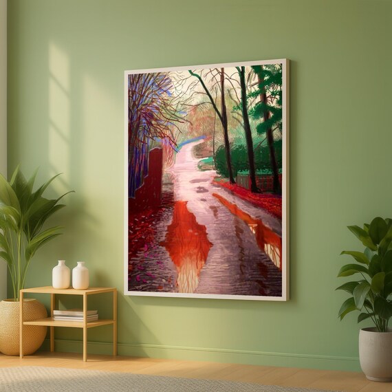 Autumn Forest Pathway Red Leaves Reflections Painting Poster