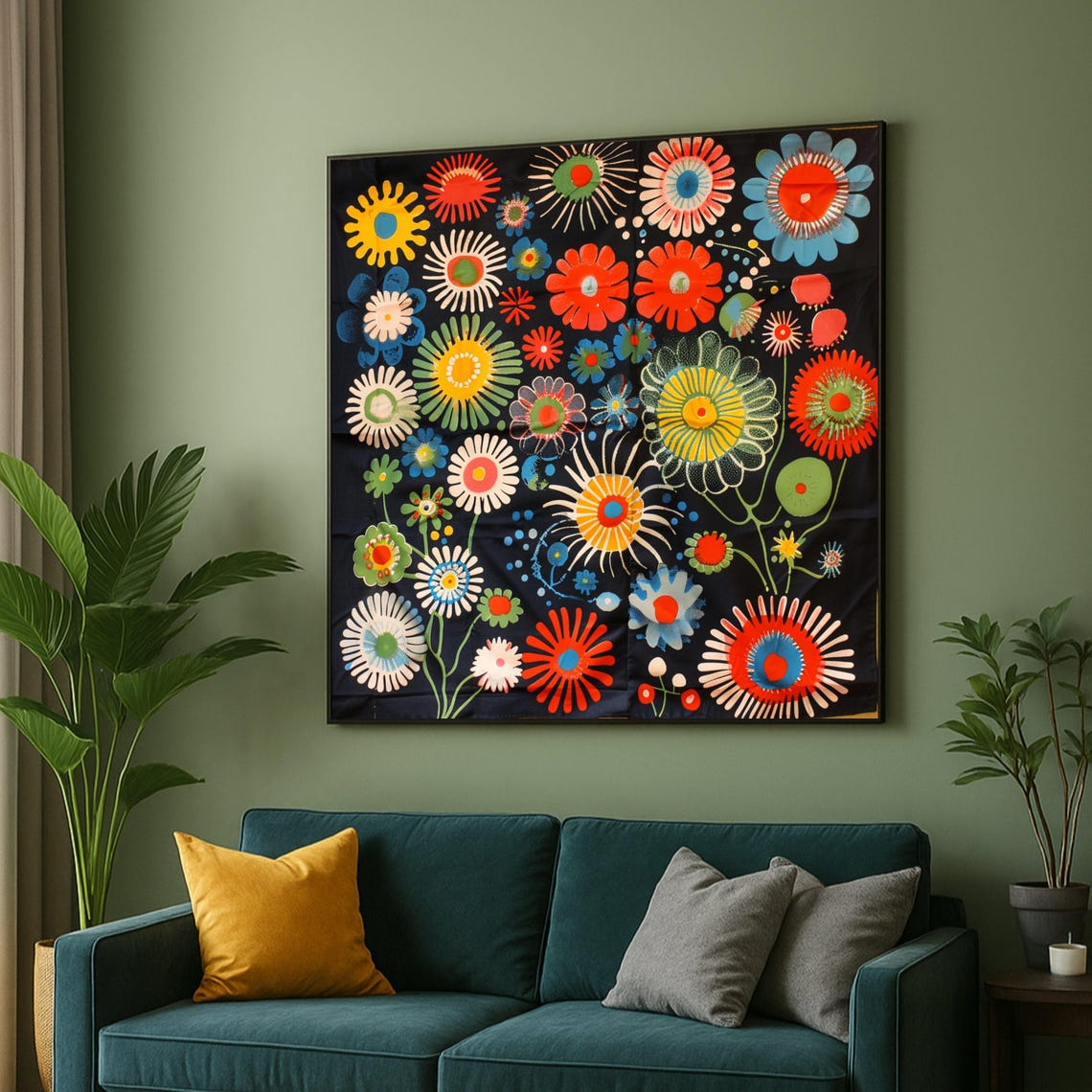 Vibrant Retro Floral Burst Multicolor Pattern On Black Art Poster