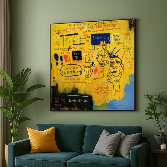 Jeanmichel Basquiat Abstract Urban Graffiti Canvas Modern Street Art Bold Yellow Expressionist Print Contemporary Home Decor