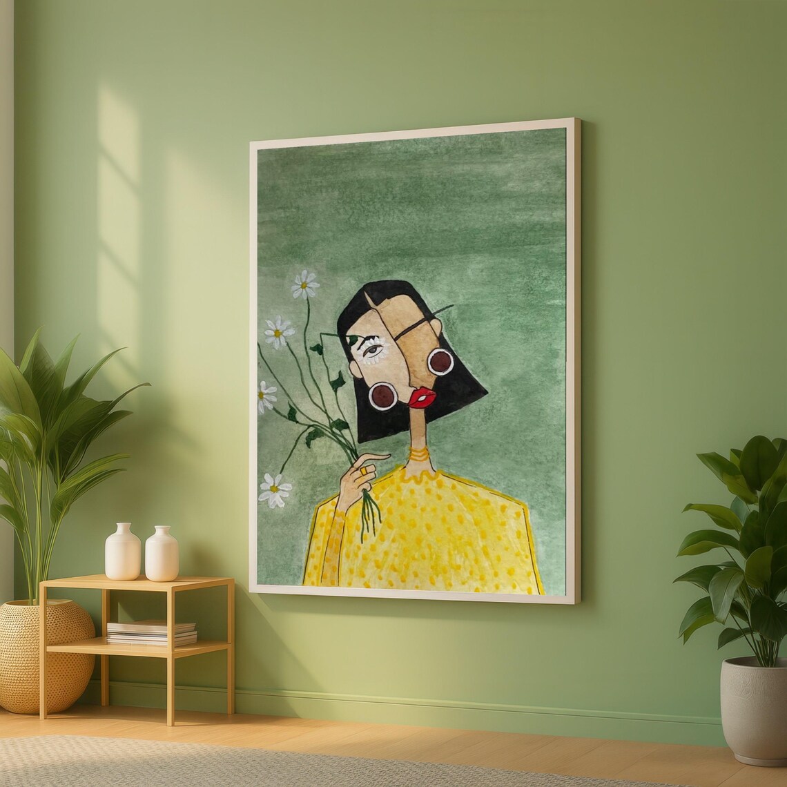 Abstract Cubist Woman Portrait With Daisies Yellow Polka Dot Poster