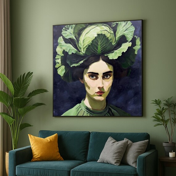 Surreal Woman with Cabbage Headpiece Dark Moody Portrait Art Poster