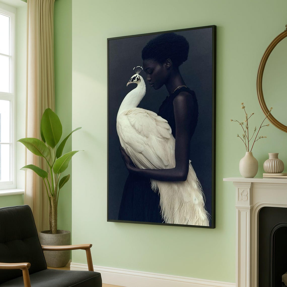 Woman Embracing White Peacock Dramatic Dark Art Portrait Poster