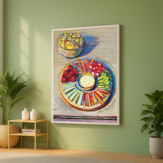 Vibrant Snack Platter Canvas Wayne Thiebaud Style Colorful Vegetable Tray Wall Art Food Still Life Modern Kitchen Decor